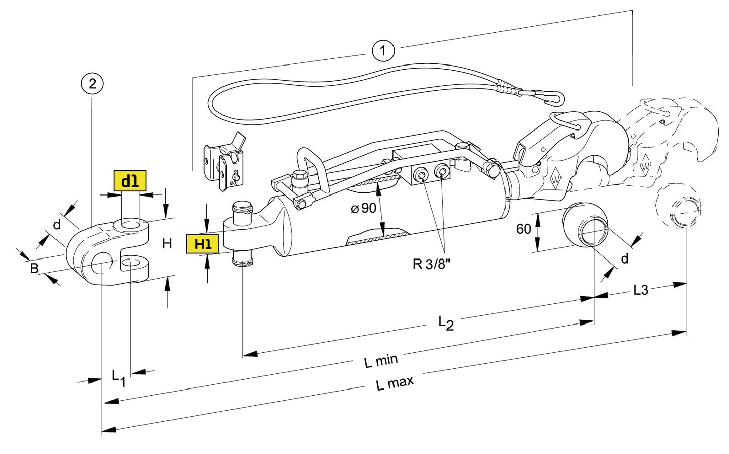 Walterscheid barre de poussée hydraulique CAT.3 L637-887 - 1309539