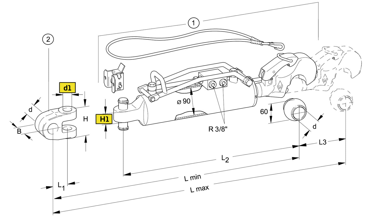 Walterscheid barre de poussée hydraulique CAT.3 L637-885 - 1204404