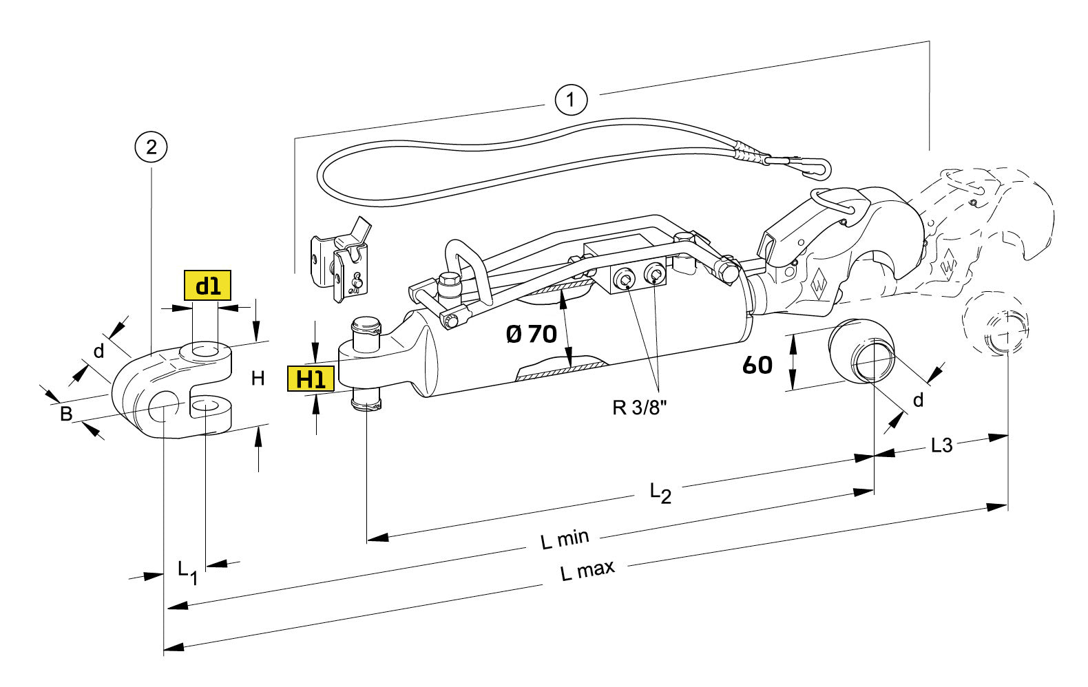 Walterscheid barre de poussée hydraulique avec amortissement intégré HOLHS-C70DS CAT.3S 537-722