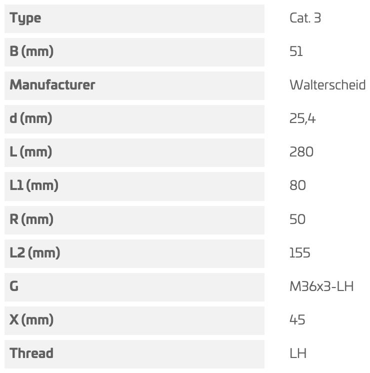 Walterscheid tirant a rotule CAT.3 M36X3-LH - L200 - 1309795
