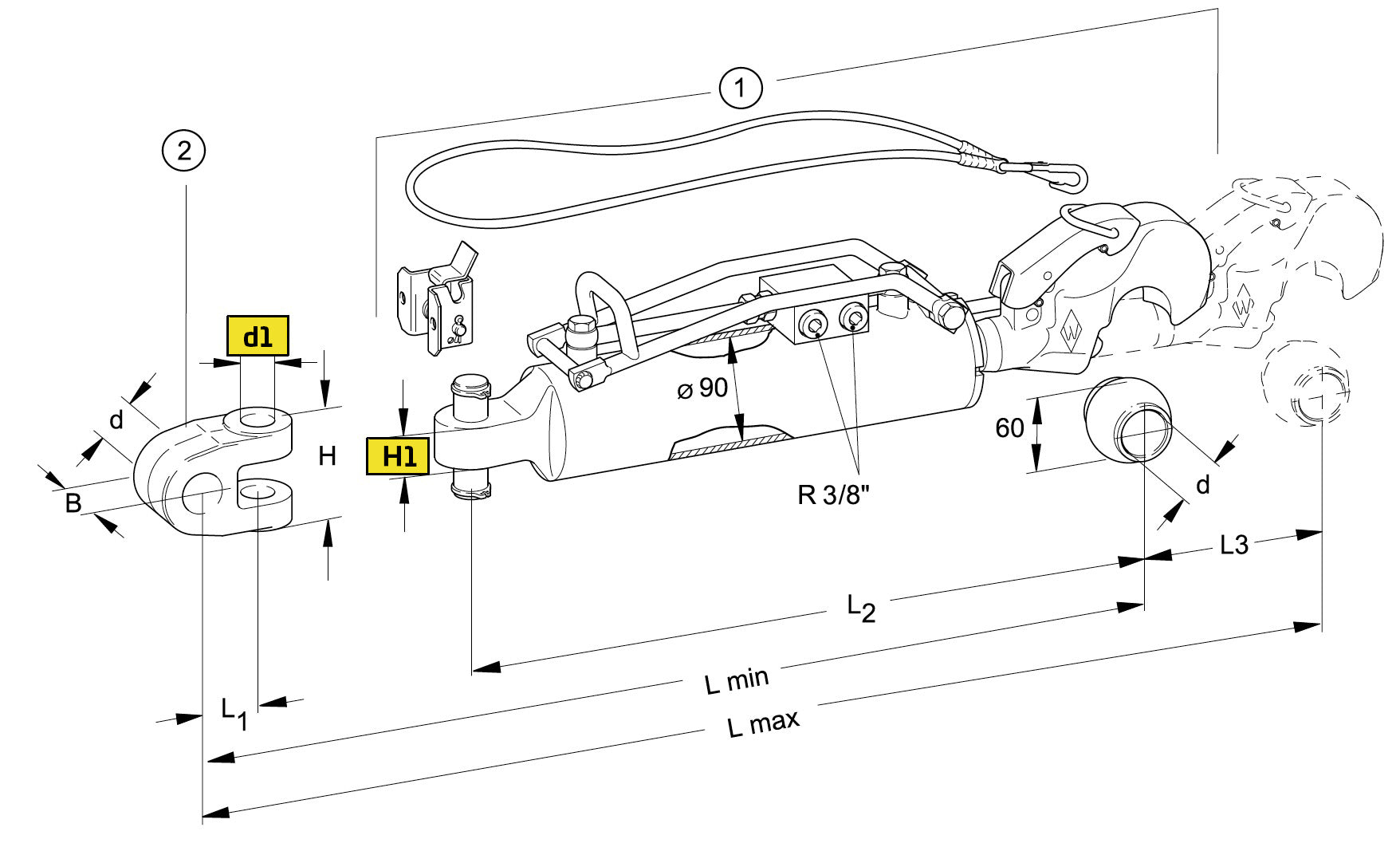 Walterscheid barre de poussée hydraulique CAT.3 L637-885 - 1204404